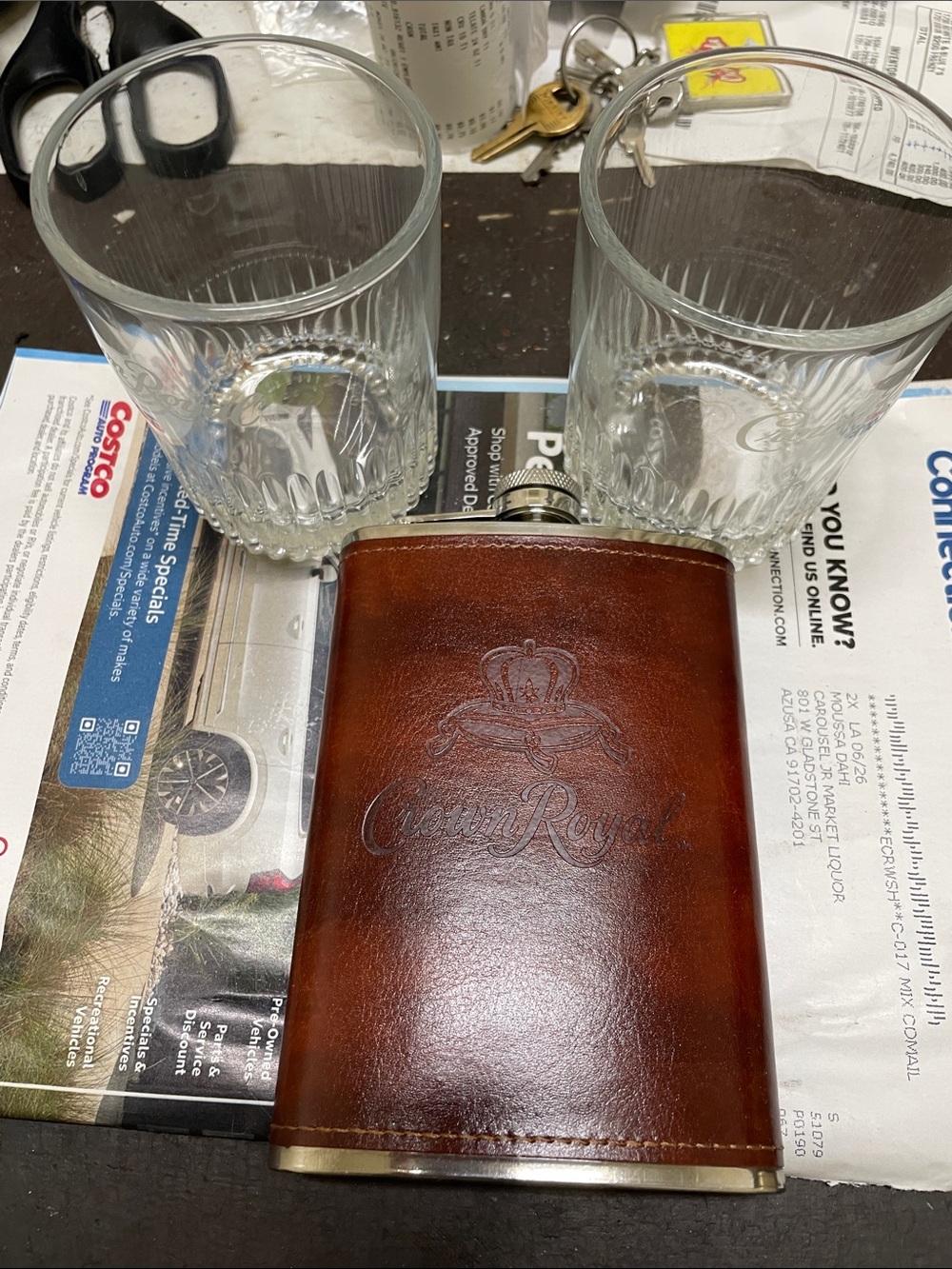 Crown Royal Brown Leather Money Clip Flask -with two cups